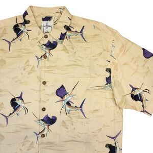 Guy Harvey Aftco Bluewater Button Down Shirt Men L Beige Fish Sailfish Hawaiian
